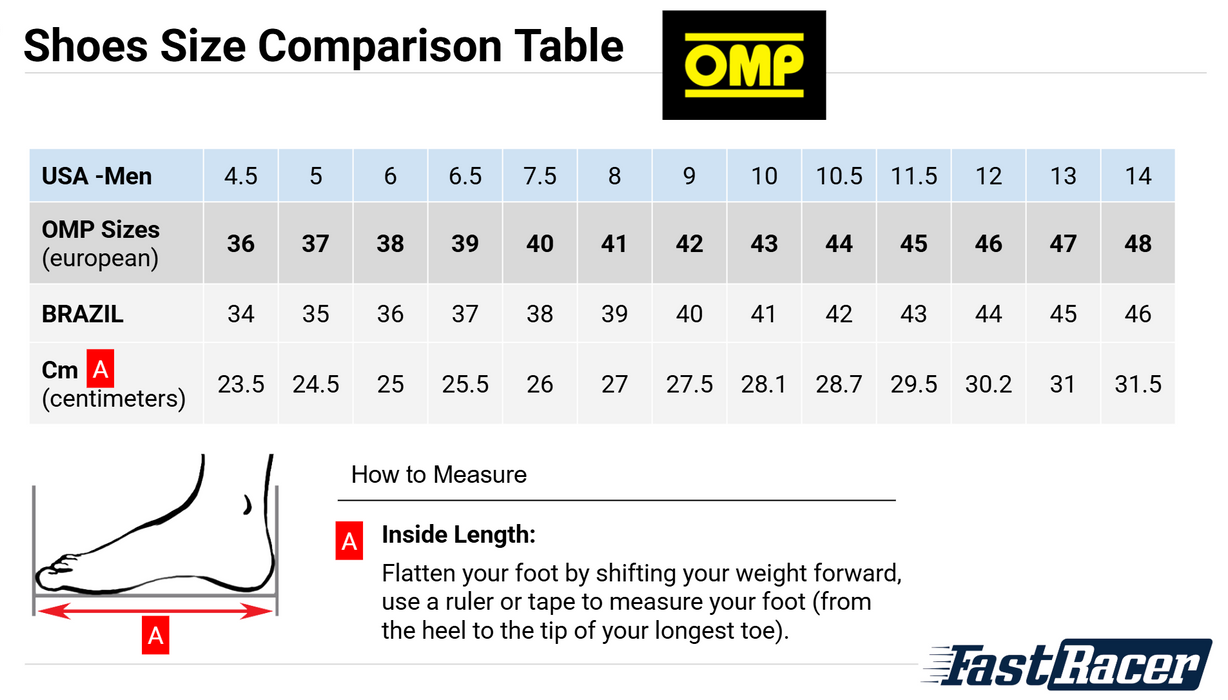 OMP Race Shoes Size Comparison Table USA - European - Brazil - Centimeters - Fast Racer