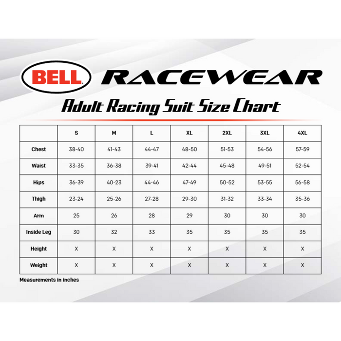 Bell Racewear Adul Racing Suit Size Chart - Fast Racer